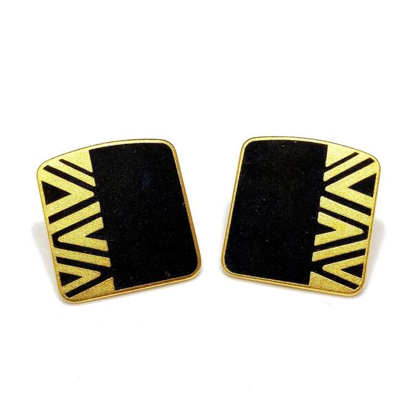 Laurel Burch "Naito" Post Earrings, Black Cloisonné, Gold Plated, 1980s Vintage - Picture 7 of 10